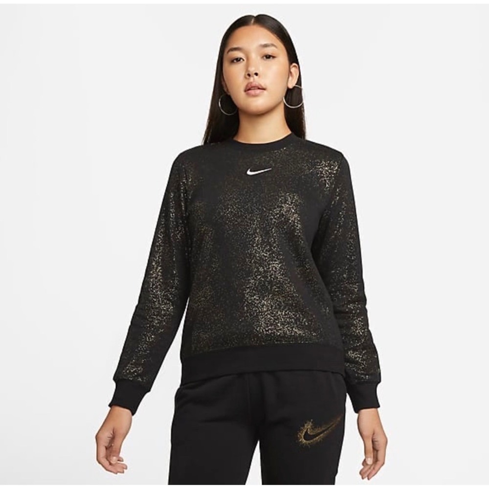 Nike Sweatshirt Womens 2X Black Stardust Gold Metallic Fleece Crewneck Sporty